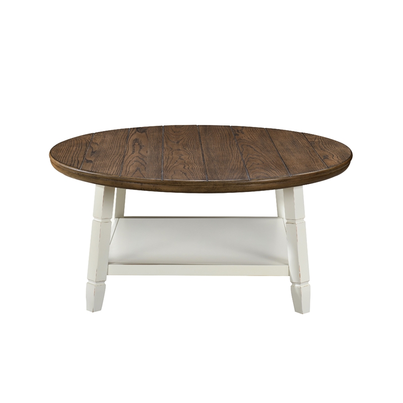 Ethy 3pc Round Coffee Table & End Table Set- Lower Shelf- Brown & White