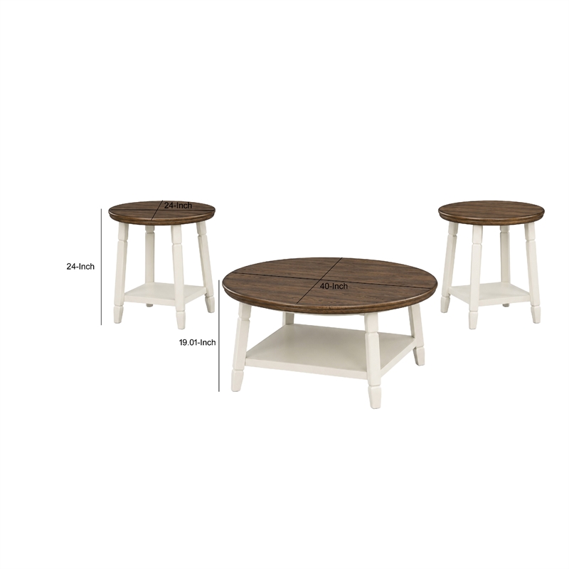 Ethy 3pc Round Coffee Table & End Table Set- Lower Shelf- Brown & White