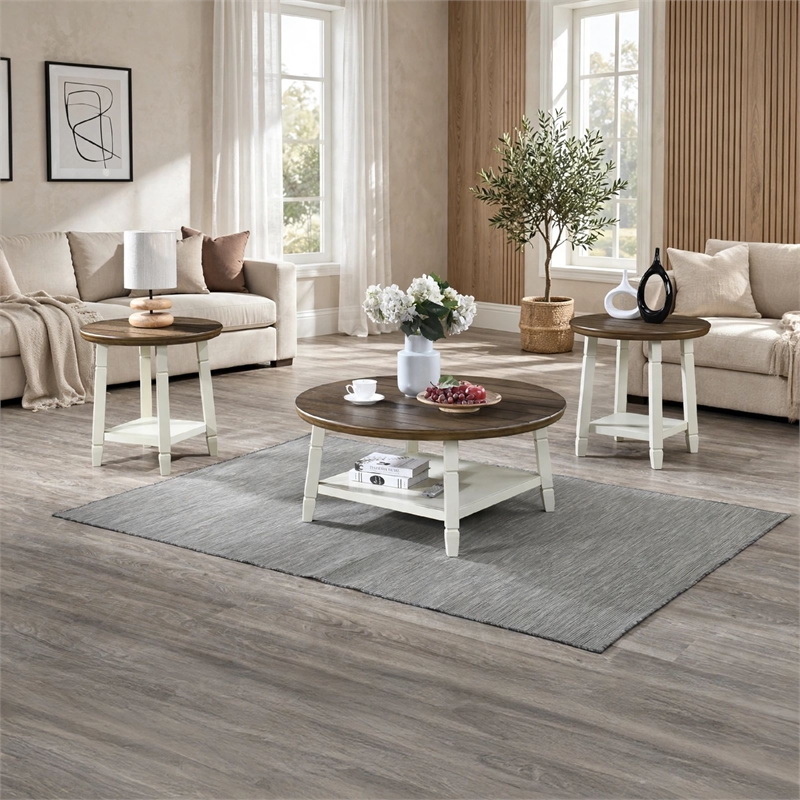 Ethy 3pc Round Coffee Table & End Table Set- Lower Shelf- Brown & White