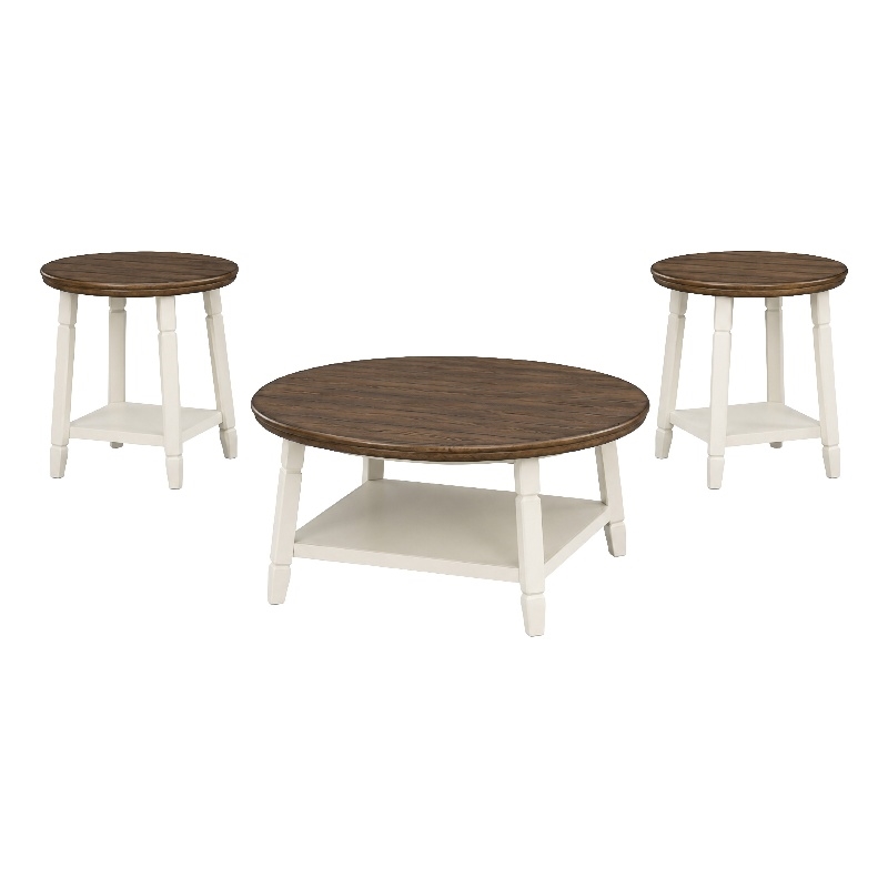 Ethy 3pc Round Coffee Table & End Table Set- Lower Shelf- Brown & White