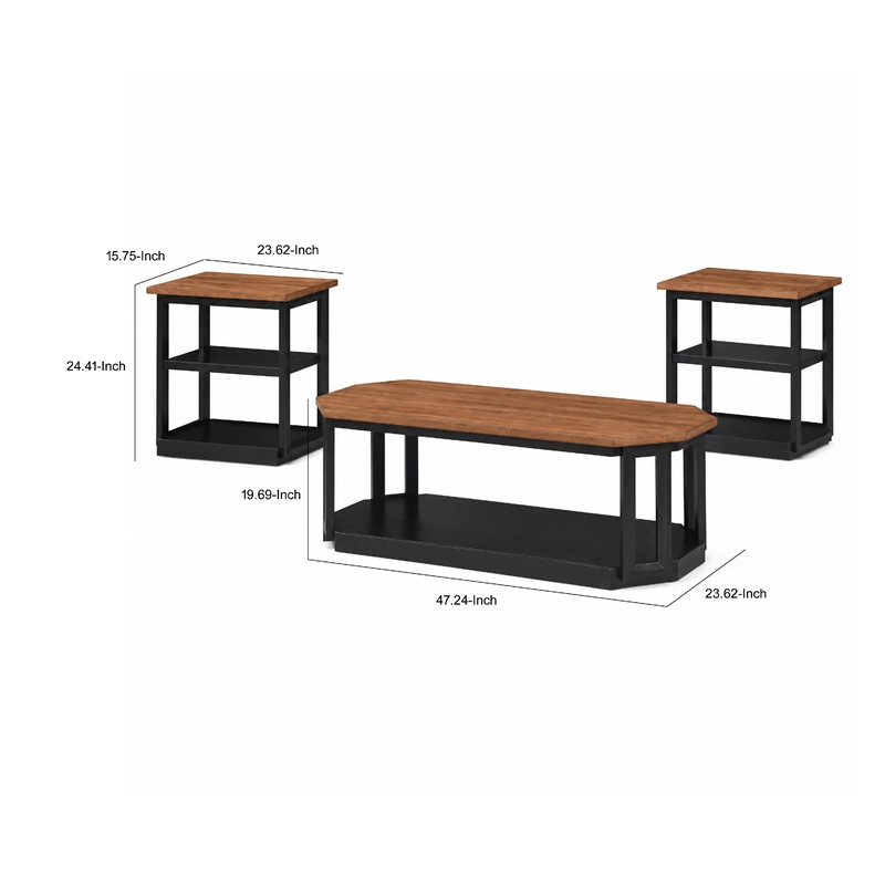 Dany 3pc Coffee Table & End Table- Lower Shelf- Brown Top & Black Base
