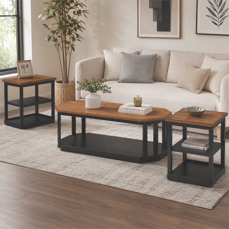Dany 3pc Coffee Table & End Table- Lower Shelf- Brown Top & Black Base