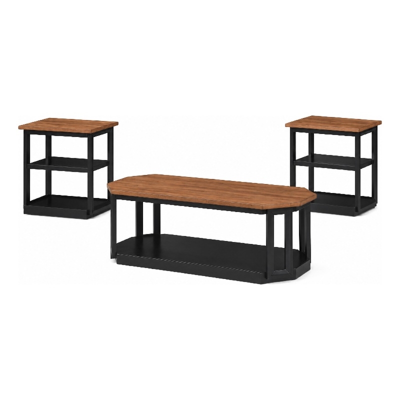 Dany 3pc Coffee Table & End Table- Lower Shelf- Brown Top & Black Base