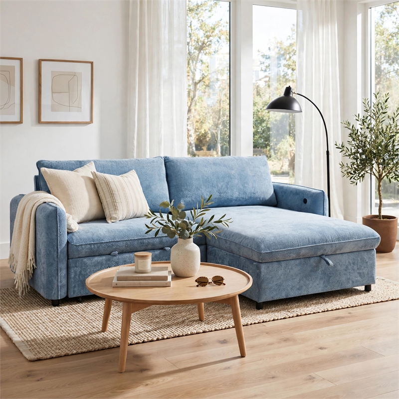 Fina Loveseat w Pop Up Sleeper- Storage Chaise- Foam Fill Blue Polyester