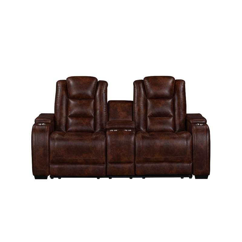 Choi Power Recliner Loveseat- Storage Arms and Console- Brown Faux Leather