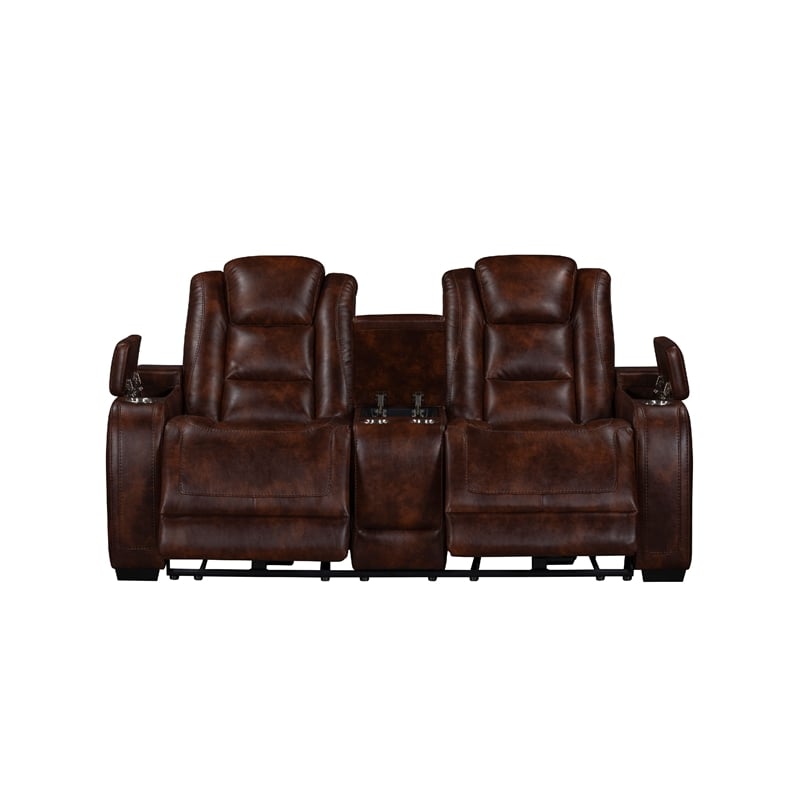 Choi Power Recliner Loveseat- Storage Arms and Console- Brown Faux Leather
