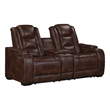 Choi Power Recliner Loveseat- Storage Arms and Console- Brown Faux Leather
