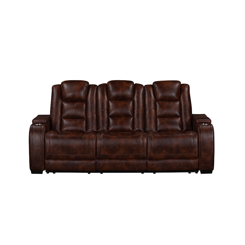 Choi Power Recliner Sofa- Storage Arms- Drop Down Table- Brown Faux Leather