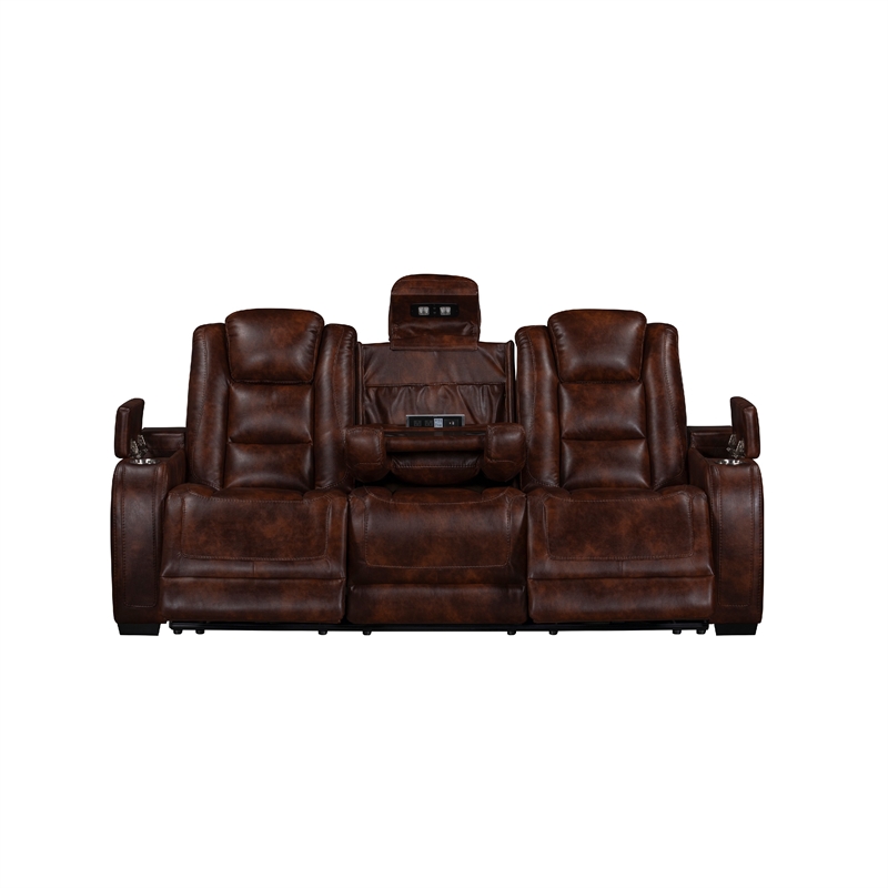 Choi Power Recliner Sofa- Storage Arms- Drop Down Table- Brown Faux Leather
