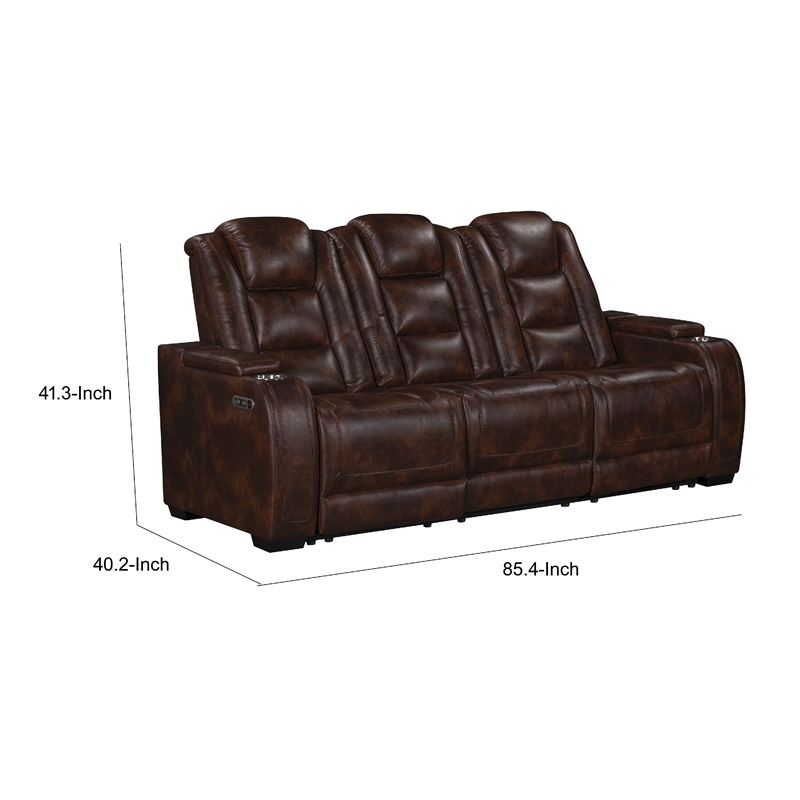 Choi Power Recliner Sofa- Storage Arms- Drop Down Table- Brown Faux Leather