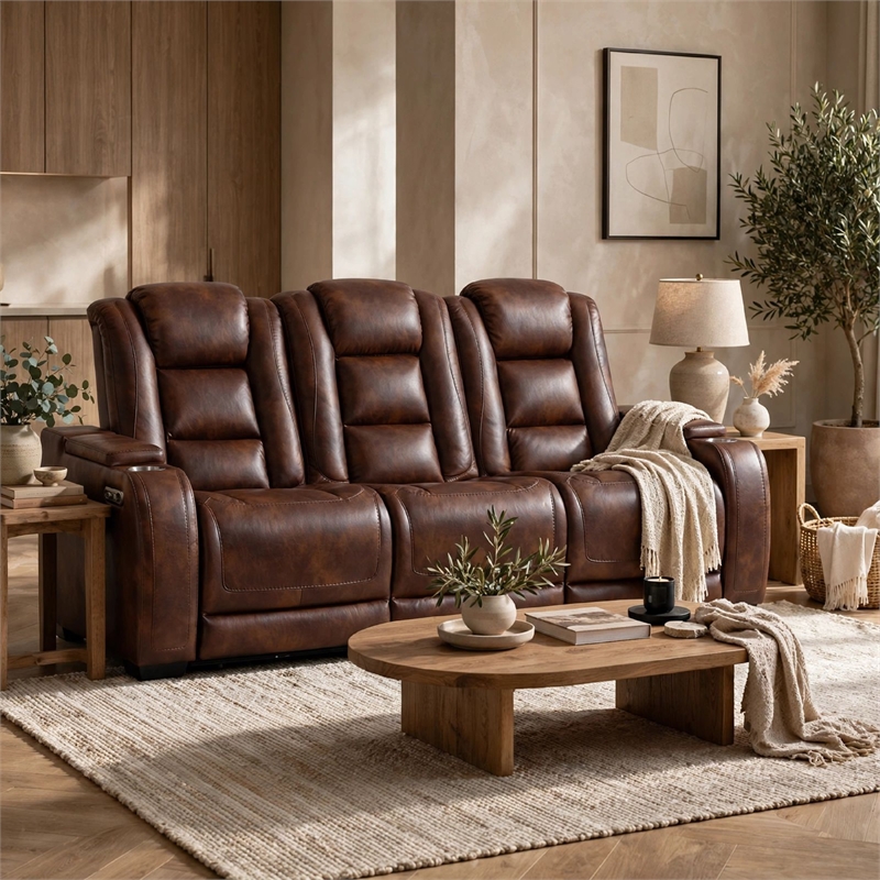 Choi Power Recliner Sofa- Storage Arms- Drop Down Table- Brown Faux Leather