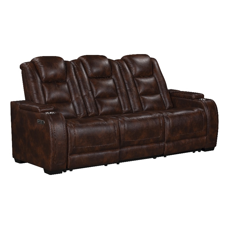 Choi Power Recliner Sofa- Storage Arms- Drop Down Table- Brown Faux Leather