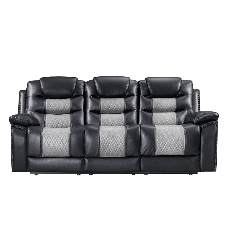 Asher Sofa- Dual Manual Recliners- Drop Down Tray- Cupholders- Black Gray
