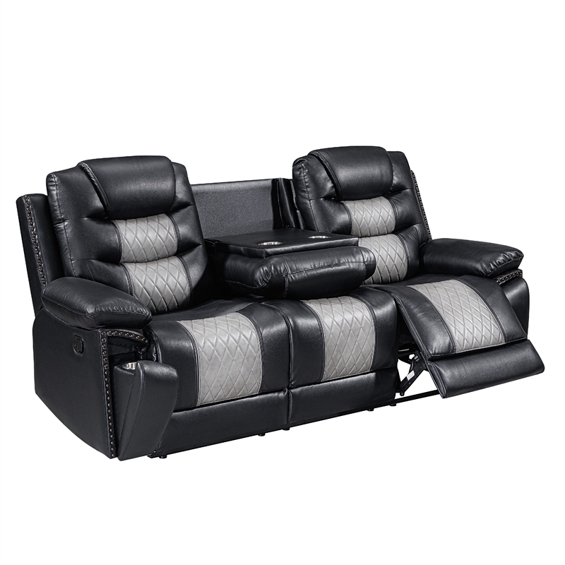 Asher Sofa- Dual Manual Recliners- Drop Down Tray- Cupholders- Black Gray