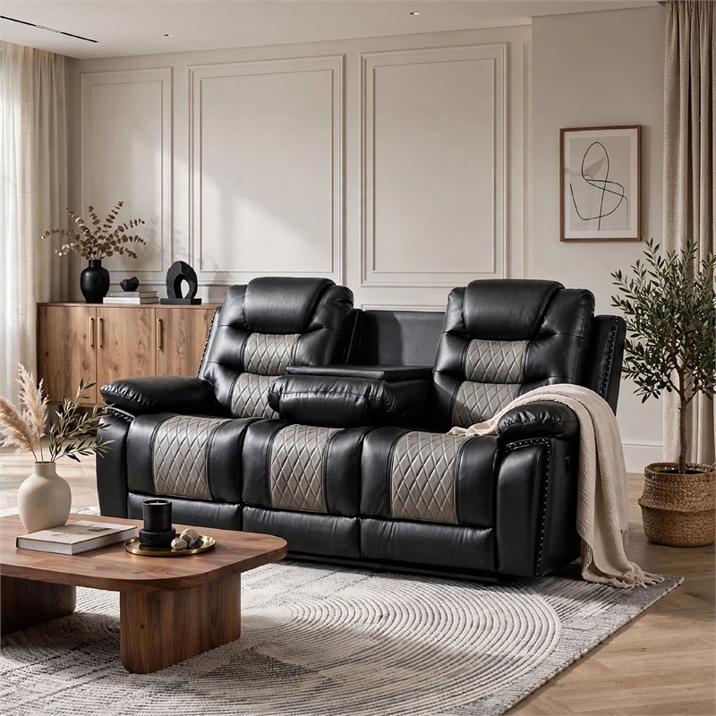 Asher Sofa- Dual Manual Recliners- Drop Down Tray- Cupholders- Black Gray