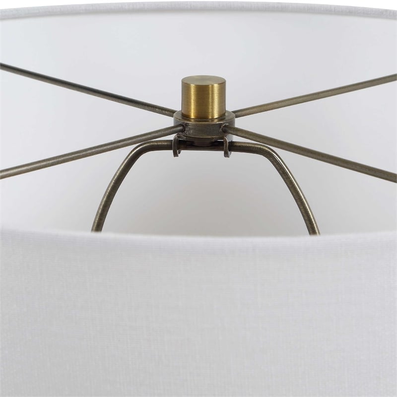 Table Lamp- Off White Linen Shade- Olive Green Ribbed Glass- 26 Inch