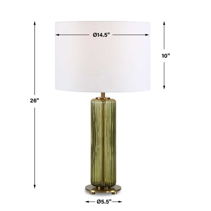 Table Lamp- Off White Linen Shade- Olive Green Ribbed Glass- 26 Inch