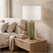 Table Lamp- Off White Linen Shade- Olive Green Ribbed Glass- 26 Inch
