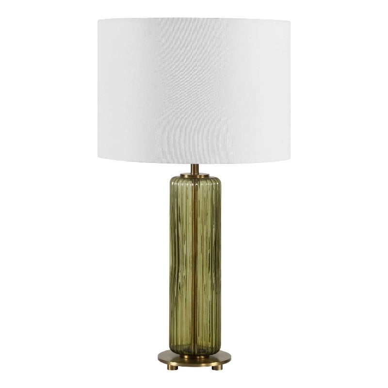 Table Lamp- Off White Linen Shade- Olive Green Ribbed Glass- 26 Inch