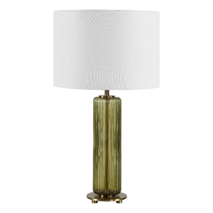 Table Lamp- Off White Linen Shade- Olive Green Ribbed Glass- 26 Inch