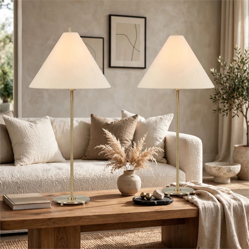 Table Lamp Set of 2- Plated Antique Brass- Off White Linen Shades