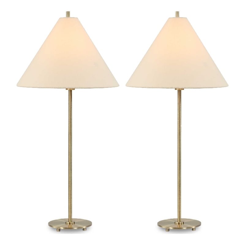 Table Lamp Set of 2- Plated Antique Brass- Off White Linen Shades