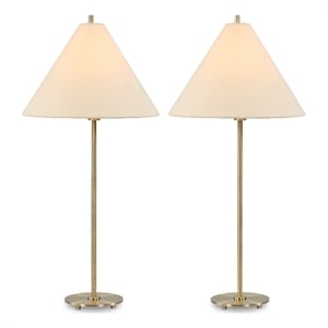 Table Lamp Set of 2- Plated Antique Brass- Off White Linen Shades