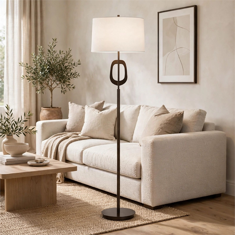 Floor Lamp- Off White Linen Shade- Oil-Rubbed Bronze- Modern 63 Inch
