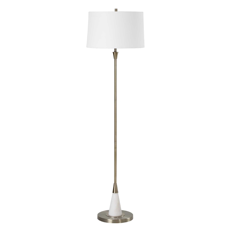 Floor Lamp- Linen Shade- Marble Base- White and Antique Brass 63 Inch