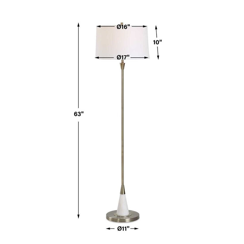 Floor Lamp- Linen Shade- Marble Base- White and Antique Brass 63 Inch