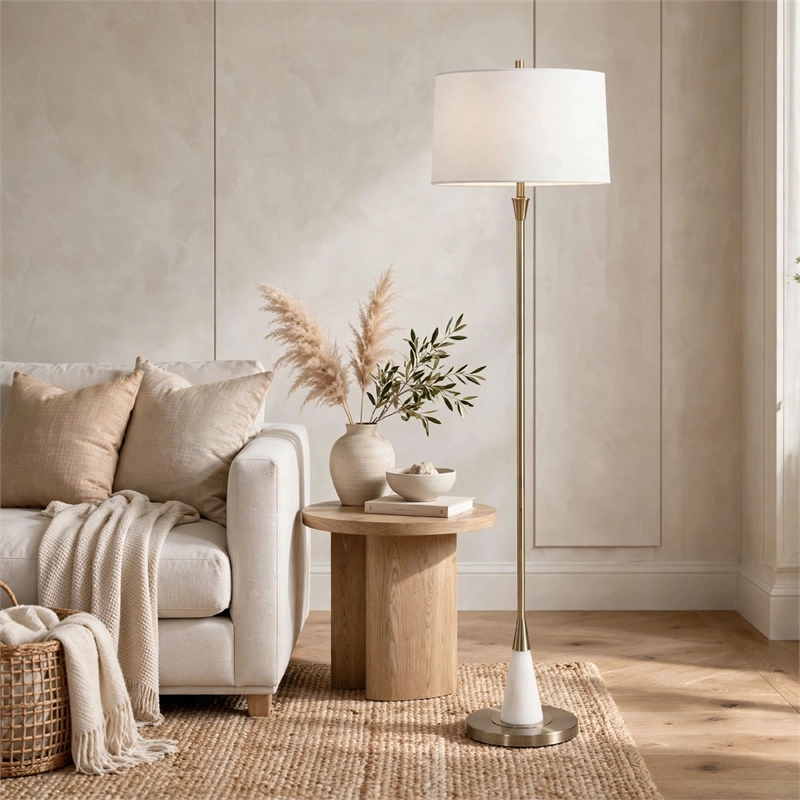 Floor Lamp- Linen Shade- Marble Base- White and Antique Brass 63 Inch