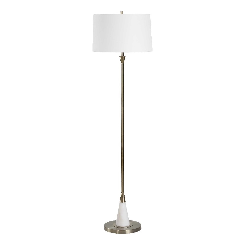Floor Lamp- Linen Shade- Marble Base- White and Antique Brass 63 Inch
