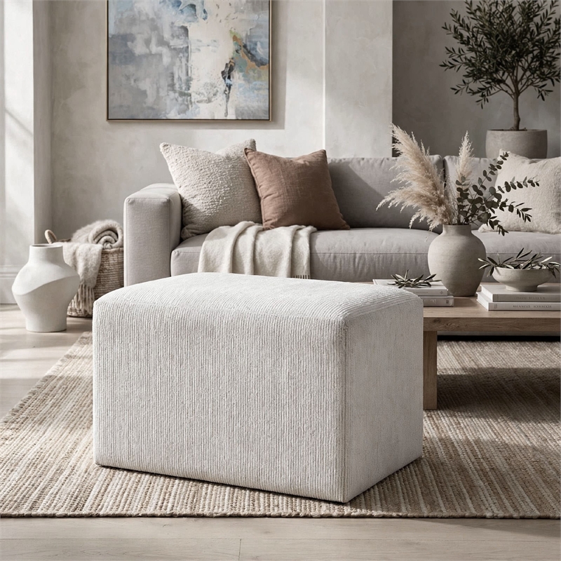 Accent Stool- Channel Tufted- Off White Polyester Upholstered- 24 Inch
