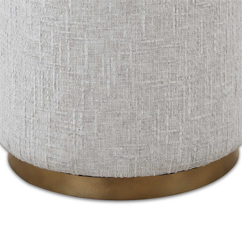 Accent Stool- Foam Fill Off White Polyester- Brushed Brass Iron 18 Inch
