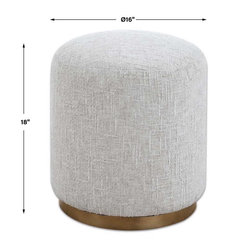 Accent Stool- Foam Fill Off White Polyester- Brushed Brass Iron 18 Inch