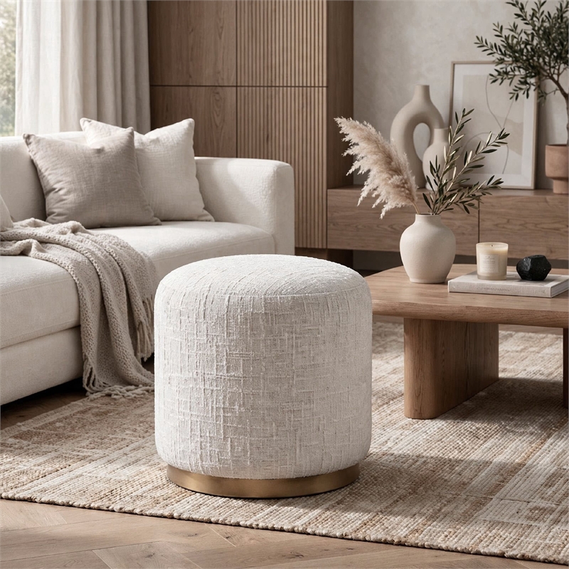 Accent Stool- Foam Fill Off White Polyester- Brushed Brass Iron 18 Inch