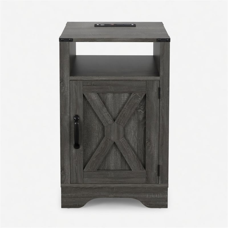 Layla Nightstand- Charging Station- Shelf- and Cabinet- Dark Gray Wood