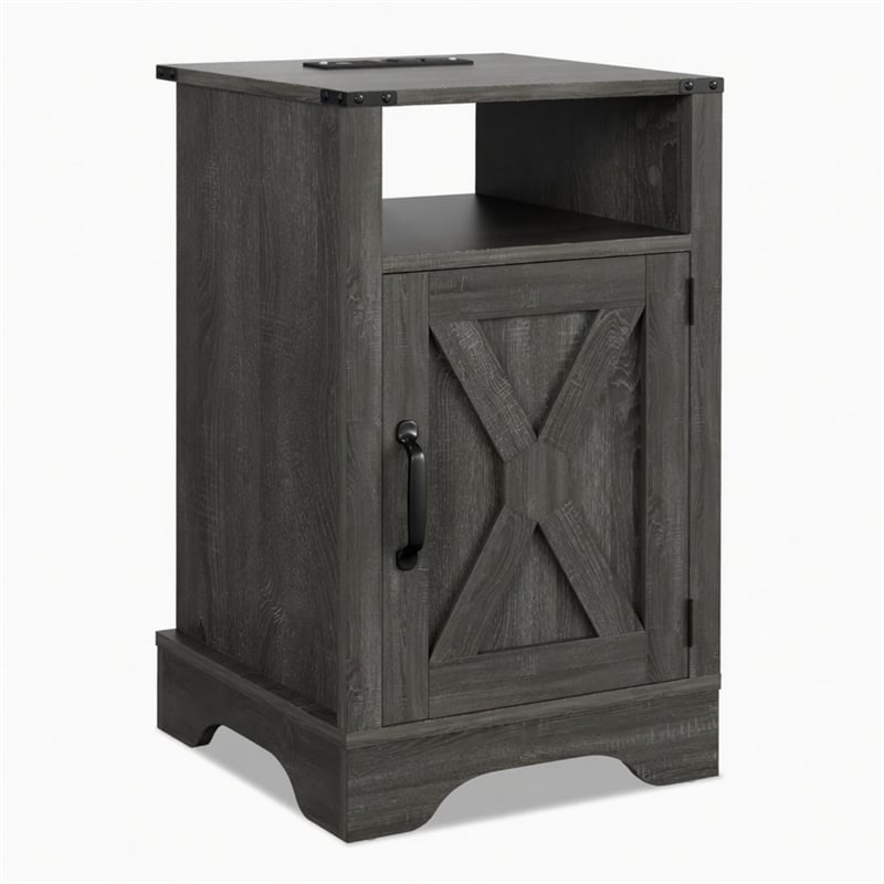 Layla Nightstand- Charging Station- Shelf- and Cabinet- Dark Gray Wood