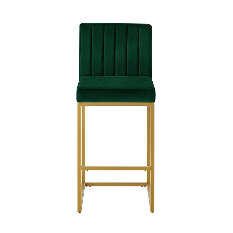 Enola Counter-Height Bar Stool Chair- Set of 2- Gold Metal- Jade Velvet