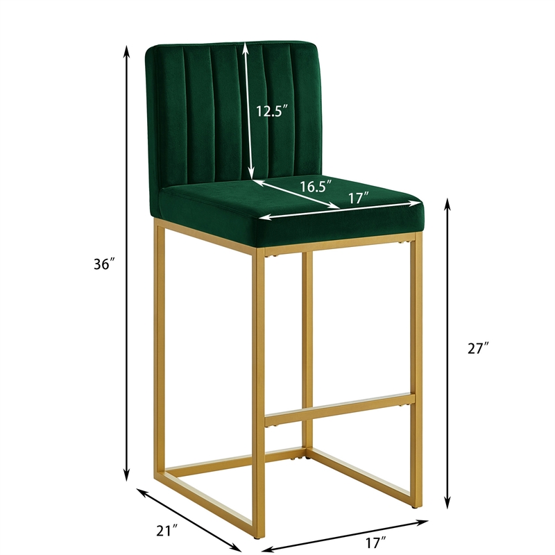 Enola Counter-Height Bar Stool Chair- Set of 2- Gold Metal- Jade Velvet