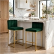 Enola Counter-Height Bar Stool Chair- Set of 2- Gold Metal- Jade Velvet