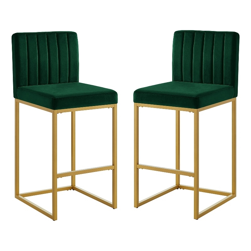 Enola Counter-Height Bar Stool Chair- Set of 2- Gold Metal- Jade Velvet