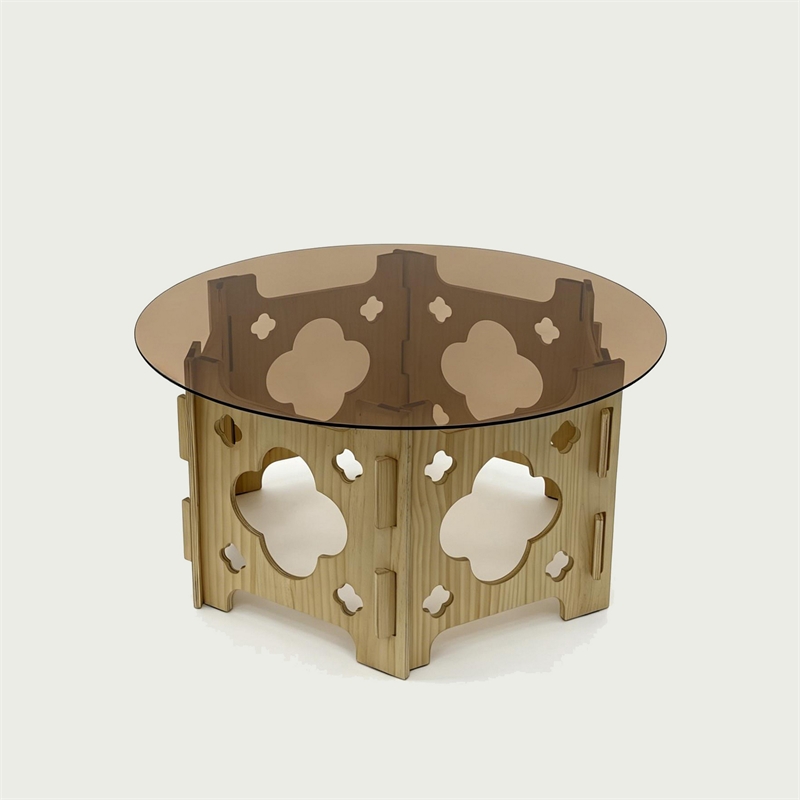 Bekko Round Coffee Table with Glass Top- Carved Natural Wood Base 32 Inch