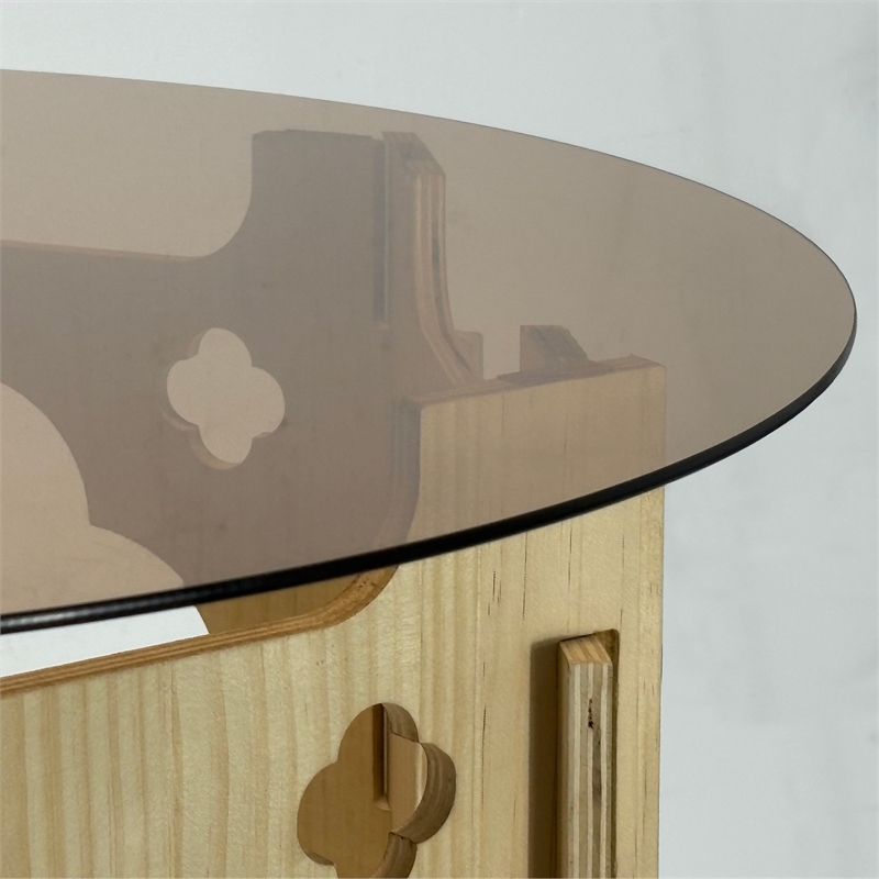 Bekko Round Coffee Table with Glass Top- Carved Natural Wood Base 32 Inch