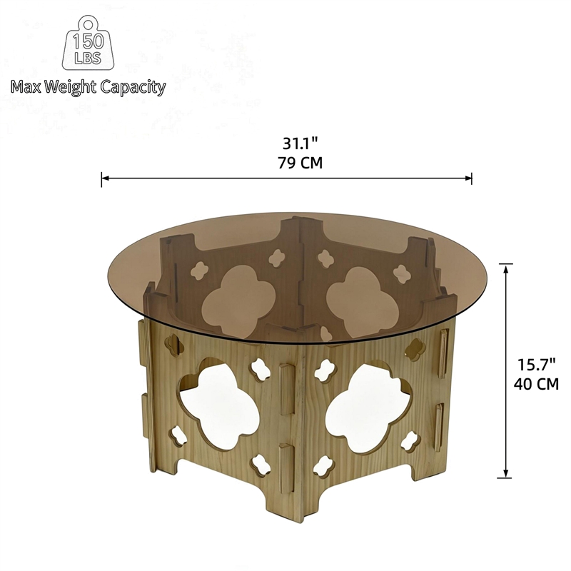Bekko Round Coffee Table with Glass Top- Carved Natural Wood Base 32 Inch