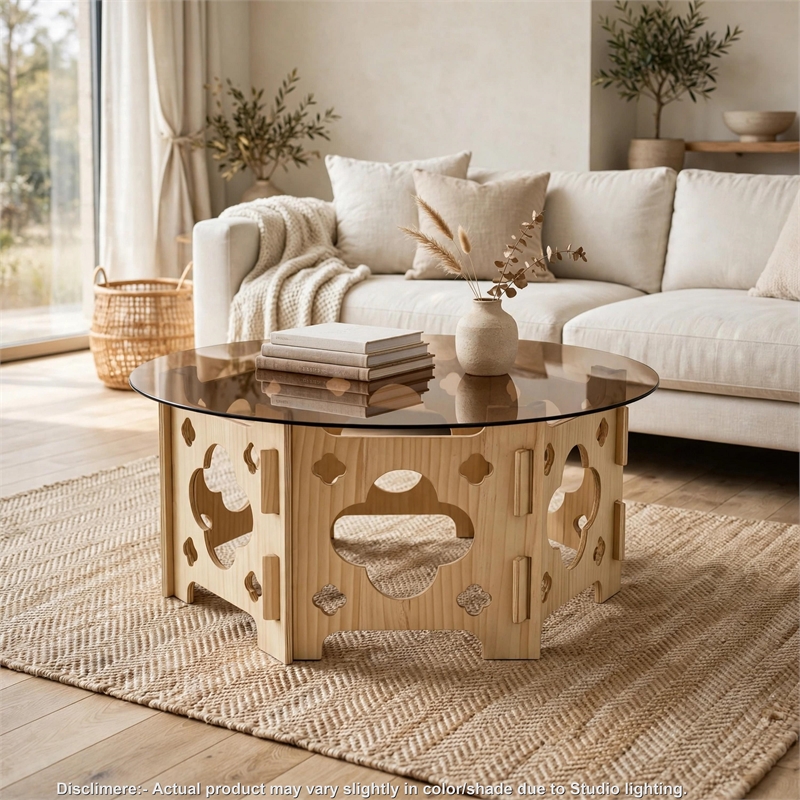 Bekko Round Coffee Table with Glass Top- Carved Natural Wood Base 32 Inch