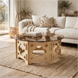 Bekko Round Coffee Table with Glass Top- Carved Natural Wood Base 32 Inch