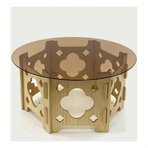 Bekko Round Coffee Table with Glass Top- Carved Natural Wood Base 32 Inch