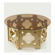 Bekko Round Coffee Table with Glass Top- Carved Natural Wood Base 32 Inch