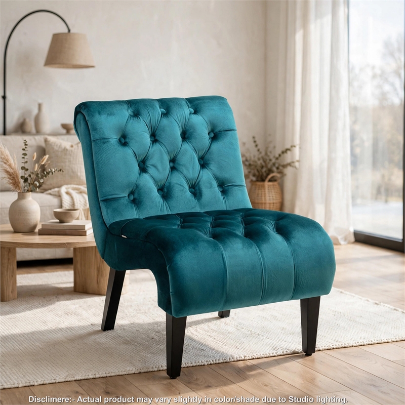 Zulfi Accent Chair with Tufted Back and Wooden Legs- Teal Velvet